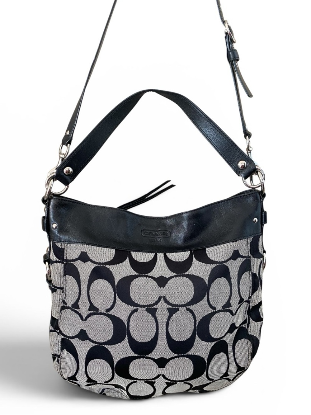 Coach Y2K F14709 Black and Gray Signature C Logo Canvas Leather Shoulder Bag